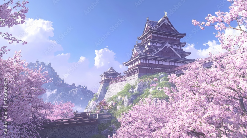 Serene Beauty of Ancient Japanese Castle Surrounded by Cherry Blossoms in Medieval Landscape, Ultra-Detailed Photography Serene Beauty of Ancient Japanese Castle Surrounded by Cherry Blossoms in Medieval Landscape, Ultra-Detailed Photography