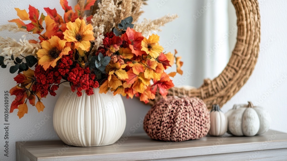 Autumnal decor with a white vase, fall foliage, and pumpkins on a wooden table. Autumnal decor with a white vase, fall foliage, and pumpkins on a wooden table.