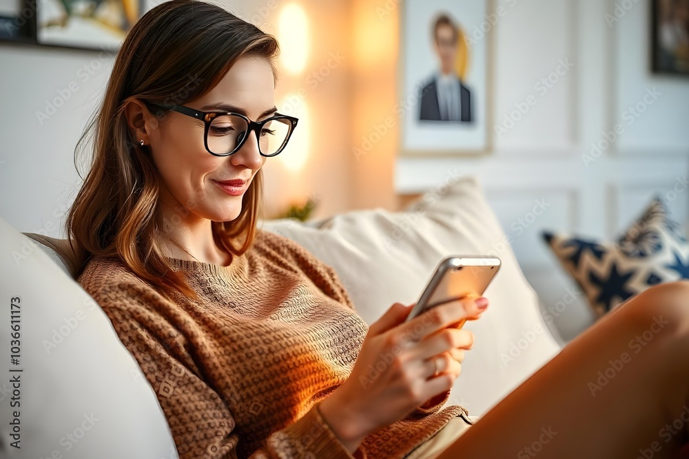 Smiling young woman wearing glasses looking at cell phone doing ecommerce mobile shopping relaxing on sofa in living room. Happy mature young woman using smartphone sitting on couch at home Smiling young woman wearing glasses looking at cell phone doing ecommerce mobile shopping relaxing on sofa in living room. Happy mature young woman using smartphone sitting on couch at home