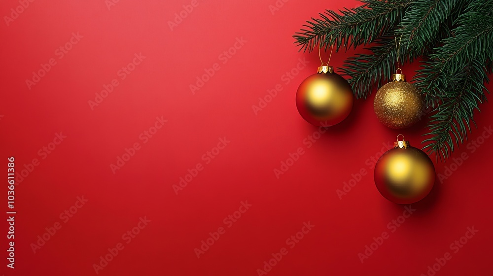 A red background with three gold colored Christmas ornaments on a green branch A red background with three gold colored Christmas ornaments on a green branch