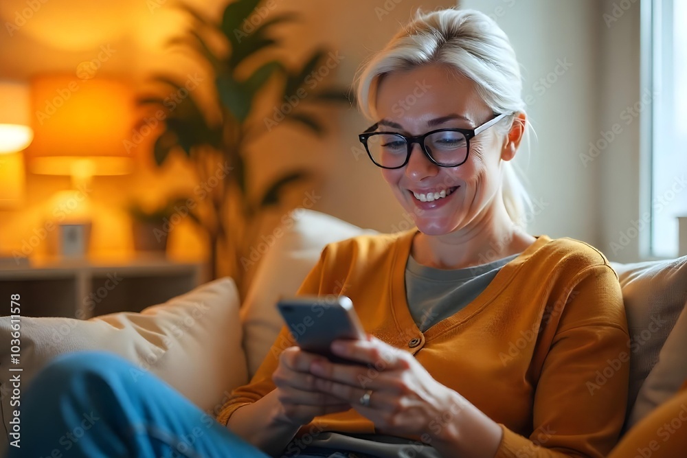 Smiling young woman wearing glasses looking at cell phone doing ecommerce mobile shopping relaxing on sofa in living room. Happy mature young woman using smartphone sitting on couch at home Smiling young woman wearing glasses looking at cell phone doing ecommerce mobile shopping relaxing on sofa in living room. Happy mature young woman using smartphone sitting on couch at home