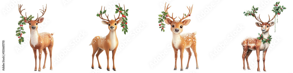 Four cute deer with antlers adorned with leaves on a white isolated background. Four cute deer with antlers adorned with leaves on a white isolated background.