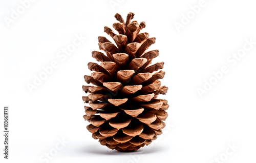 Isolated pine cones on white background with holiday and nature tags.