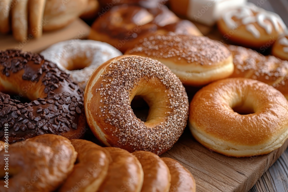 Assorted fresh bagels with toppings on wooden board. Assorted fresh bagels with toppings on wooden board.