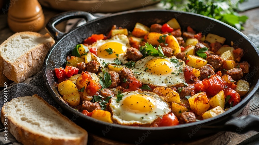 A hearty breakfast skillet loaded with eggs, sausage, and potatoes A hearty breakfast skillet loaded with eggs, sausage, and potatoes
