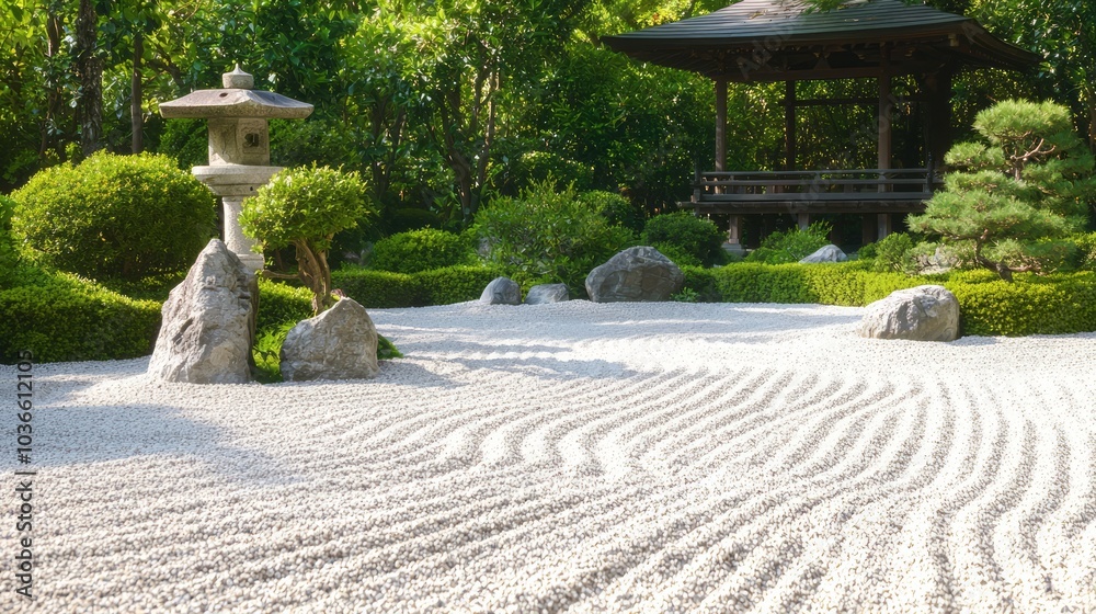 Serene Zen Garden in Ancient Japanese Landscape Featuring Meticulously Raked Gravel, Bonsai Trees, Stone Lanterns, and Wooden Teahouse Serene Zen Garden in Ancient Japanese Landscape Featuring Meticulously Raked Gravel, Bonsai Trees, Stone Lanterns, and Wooden Teahouse
