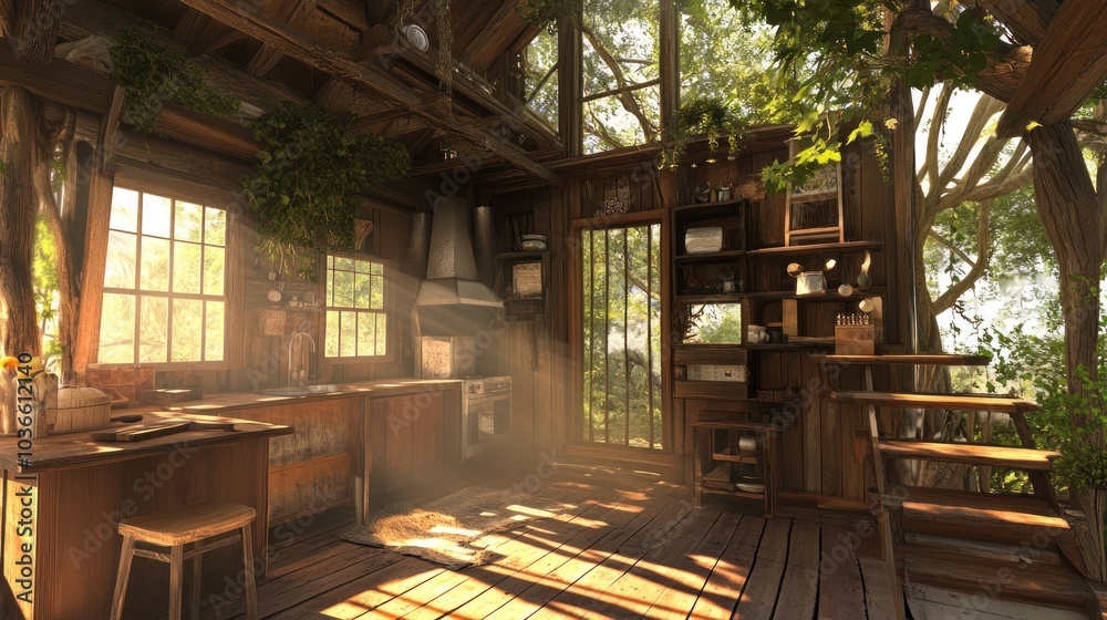 Sunlight streams through the windows of a rustic wooden kitchen, illuminating the space with warmth and a sense of peace. Sunlight streams through the windows of a rustic wooden kitchen, illuminating the space with warmth and a sense of peace.