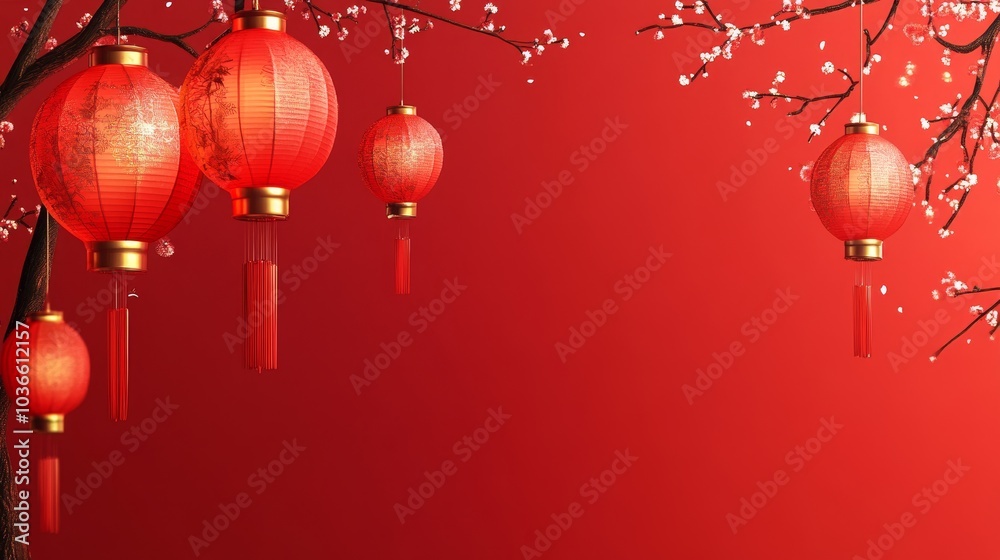 A festive display of red lanterns hanging against a vibrant red background with cherry blossom branches. A festive display of red lanterns hanging against a vibrant red background with cherry blossom branches.