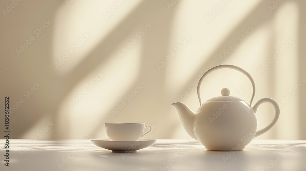 A delicate tea kettle and an elegant cup sit on a table, bathed in soft morning light, creating a tranquil atmosphere perfect for tea. Generative AI A delicate tea kettle and an elegant cup sit on a table, bathed in soft morning light, creating a tranquil atmosphere perfect for tea. Generative AI