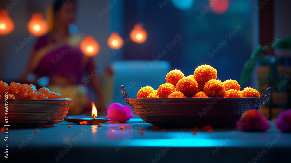 Naklejka premium Indian Family Creating Traditional Diwali Sweets in a Festively Decorated Kitchen