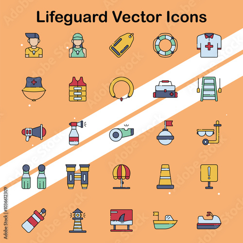 Set of lifeguard icons representing water safety and rescue elements ideal for beach and outdoor themes.
