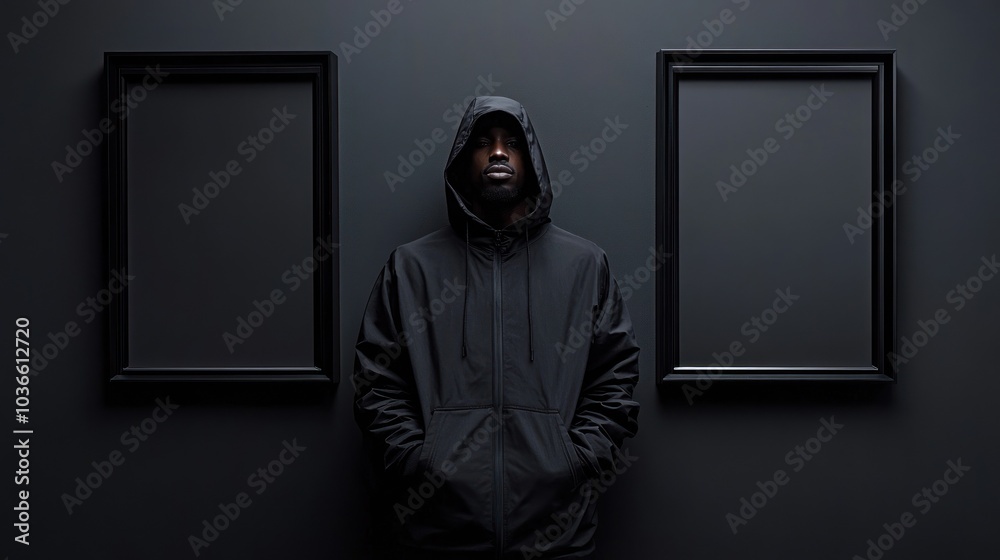 Hooded man stares between two empty black frames. Hooded man stares between two empty black frames.