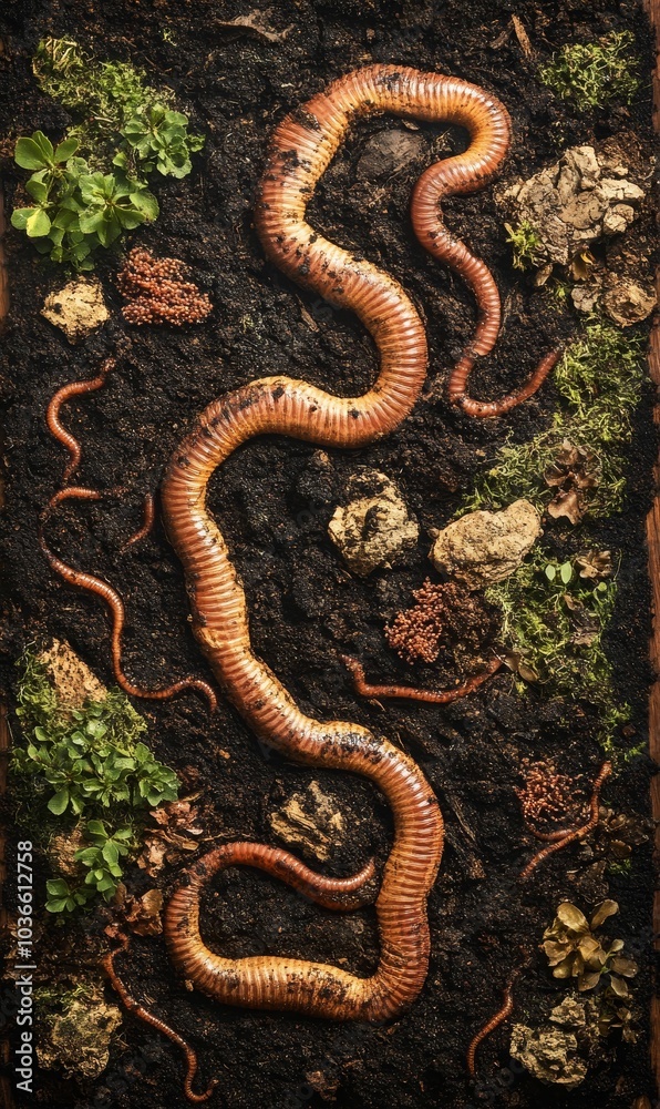 Earthworms wriggle in rich dark soil. Earthworms wriggle in rich dark soil.