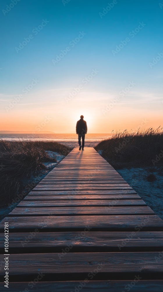 Fototapeta premium Silhouette of a Person Walking on a Wooden Pathway Towards the Ocean