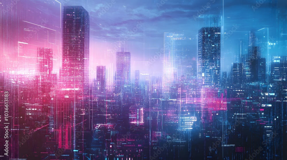 Futuristic Cityscape with Neon Lights and Digital Overlays Futuristic Cityscape with Neon Lights and Digital Overlays