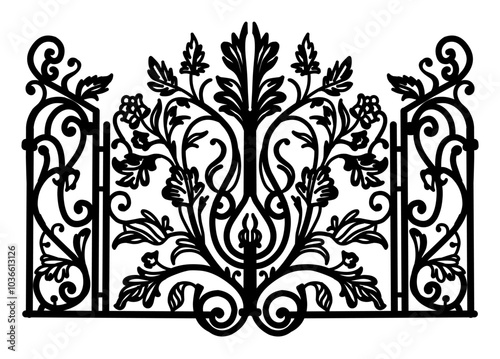 ANTIQUE METAL GATE. Black on white sketch of wrought iron bi-fold garden doors. Church gate with scrolls and leaves.	
