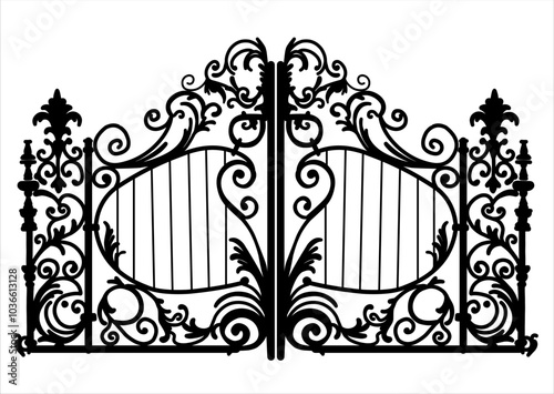 ANTIQUE METAL GATE. Black on white sketch of wrought iron bi-fold garden doors. Church gate with scrolls and leaves.	

