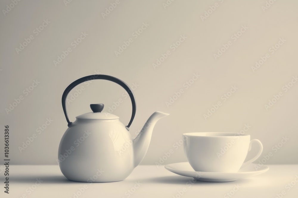 A simple white tea kettle sits beside an elegant cup on a neutral surface, inviting relaxation and warmth during tea time. Generative AI A simple white tea kettle sits beside an elegant cup on a neutral surface, inviting relaxation and warmth during tea time. Generative AI
