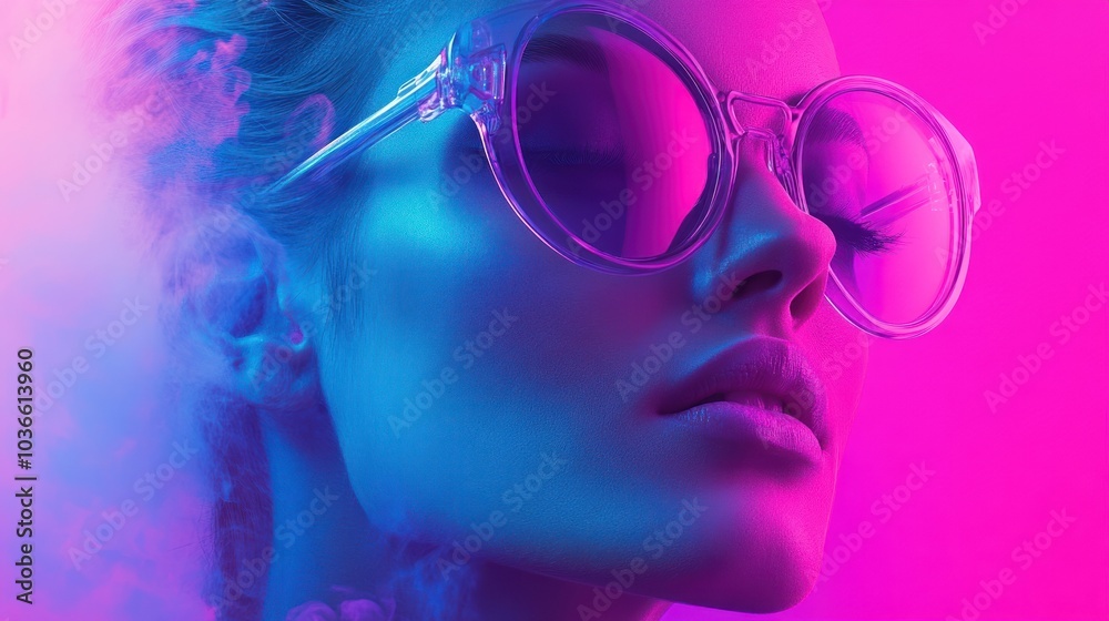 Dreamy woman in oversized round pink glasses Dreamy woman in oversized round pink glasses