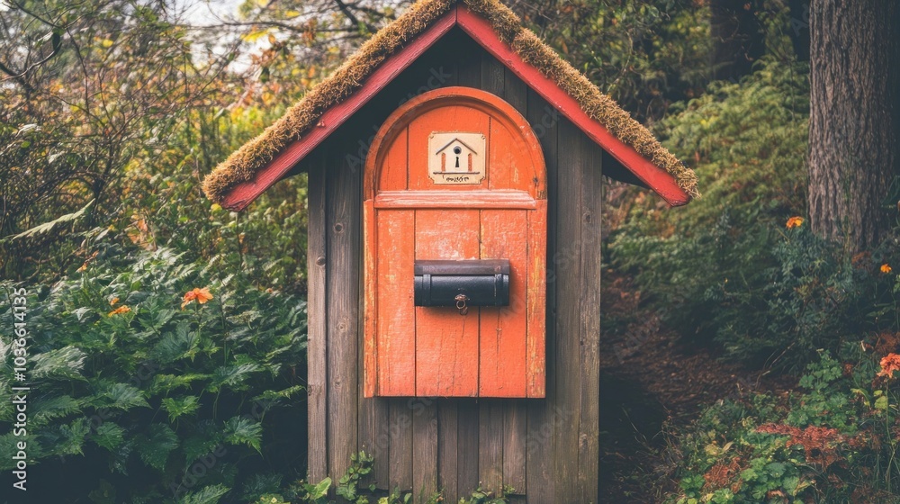 A small wooden shed with a moss-covered roof and a red door, with a black mailbox, surrounded by lush green foliage in a forest setting. A small wooden shed with a moss-covered roof and a red door, with a black mailbox, surrounded by lush green foliage in a forest setting.