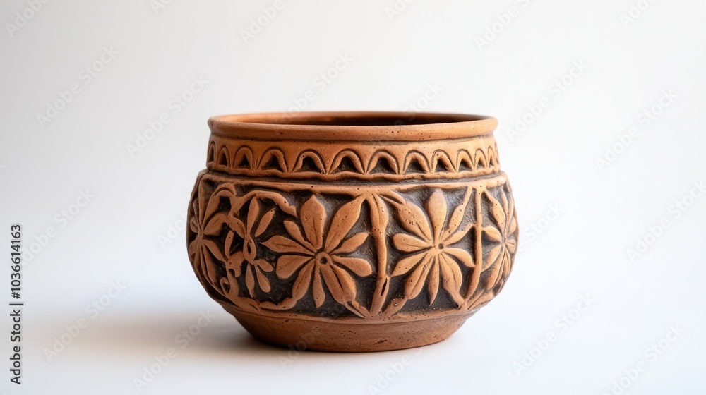 A small Mexican ceramic pot with intricate designs presented on white, showing its detail. A small Mexican ceramic pot with intricate designs presented on white, showing its detail.