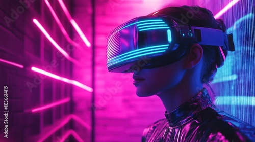 Person with virtual reality headset in neon light