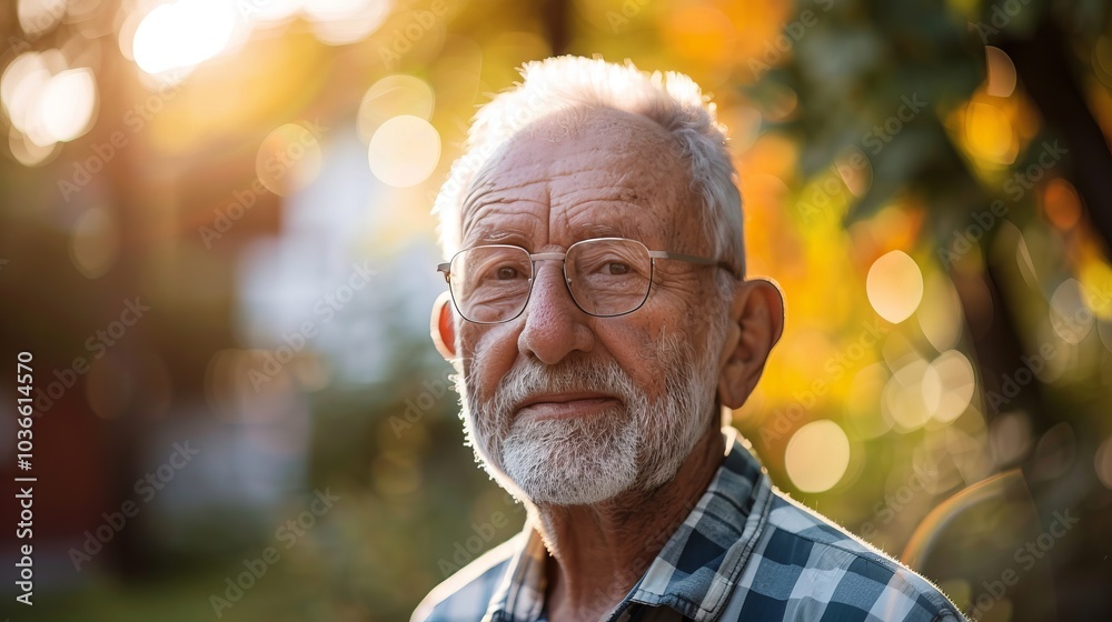 Portrait of a Senior Man in Nature with Sunlit Background and Soft Bokeh Effect Capturing Tranquility and Wisdom