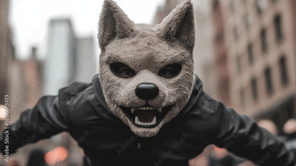 A high-quality action photo of a teenager performing quadrobics in a sleek wolf mask, jumping midair in an urban setting with the glossy mask reflecting city lights. A high-quality action photo of a teenager performing quadrobics in a sleek wolf mask, jumping midair in an urban setting with the glossy mask reflecting city lights.