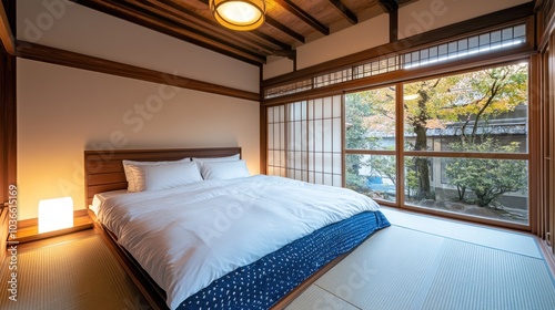 A modern bedroom in a traditional Japanese home with a wooden ceiling, a bed with white linens and blue patterned bedding, and a window looking out to a lush green garden.