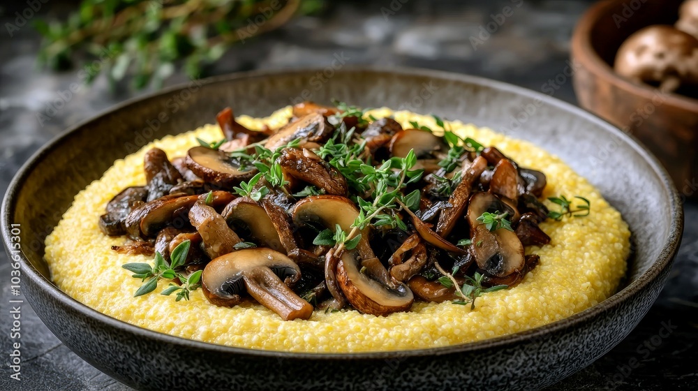 A bowl of creamy polenta topped with sauteed mushrooms and fresh thyme. A bowl of creamy polenta topped with sauteed mushrooms and fresh thyme.