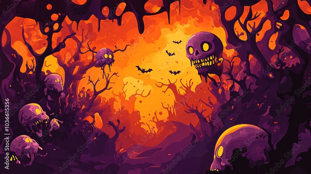 A painting of a forest with skulls and bats A painting of a forest with skulls and bats