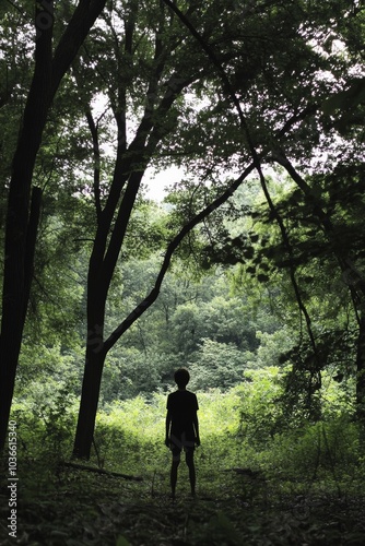 Silhouette of a Person Standing in a Lush Green Forest with Tall Trees