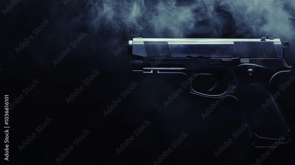 A close-up view of a handgun surrounded by smoke, evoking a sense of tension and intrigue. A close-up view of a handgun surrounded by smoke, evoking a sense of tension and intrigue.