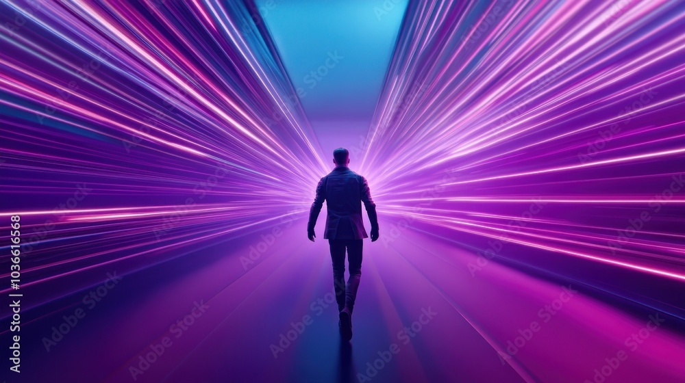 Man steps boldly into neon-lit corridor of colors Man steps boldly into neon-lit corridor of colors
