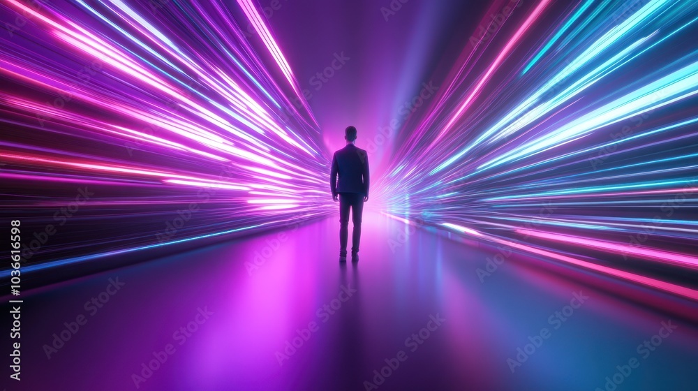 Person heads towards bright purple-blue light horizon Person heads towards bright purple-blue light horizon