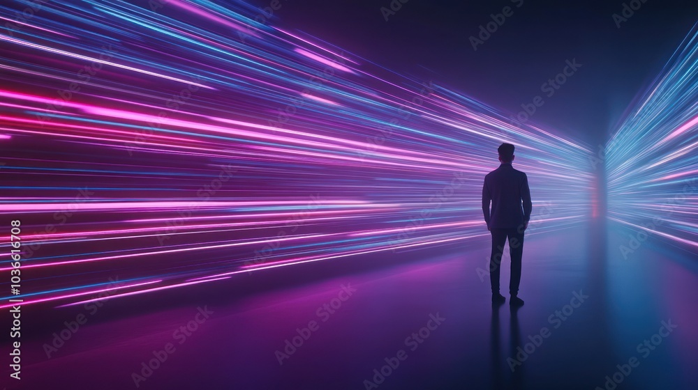 Person standing in a tunnel of colorful neon light. Person standing in a tunnel of colorful neon light.