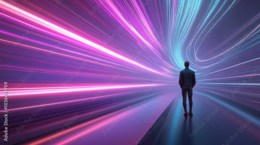 Single figure observing neon light stream vortex. Single figure observing neon light stream vortex.