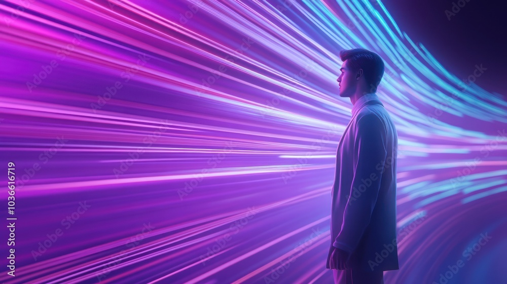 Profile amidst streaming neon colors, futuristic vibe. Profile amidst streaming neon colors, futuristic vibe.