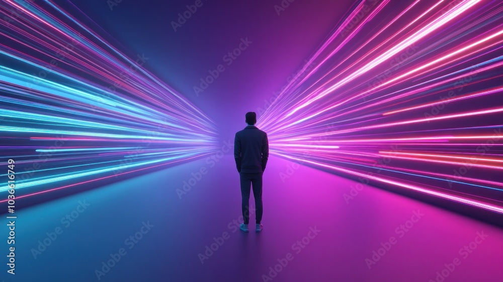 Figure stands before a split of pink and blue lights Figure stands before a split of pink and blue lights