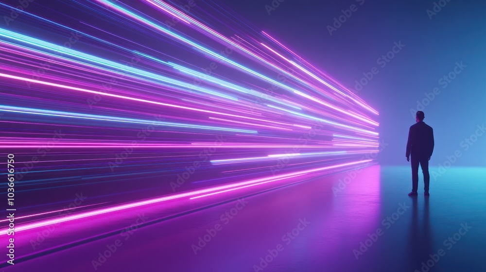 Silhouette stares into a futuristic neon light rush Silhouette stares into a futuristic neon light rush