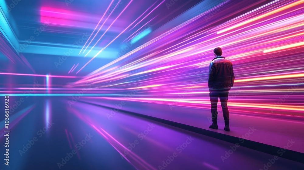 Individual ponders colorful lights in futuristic space. Individual ponders colorful lights in futuristic space.