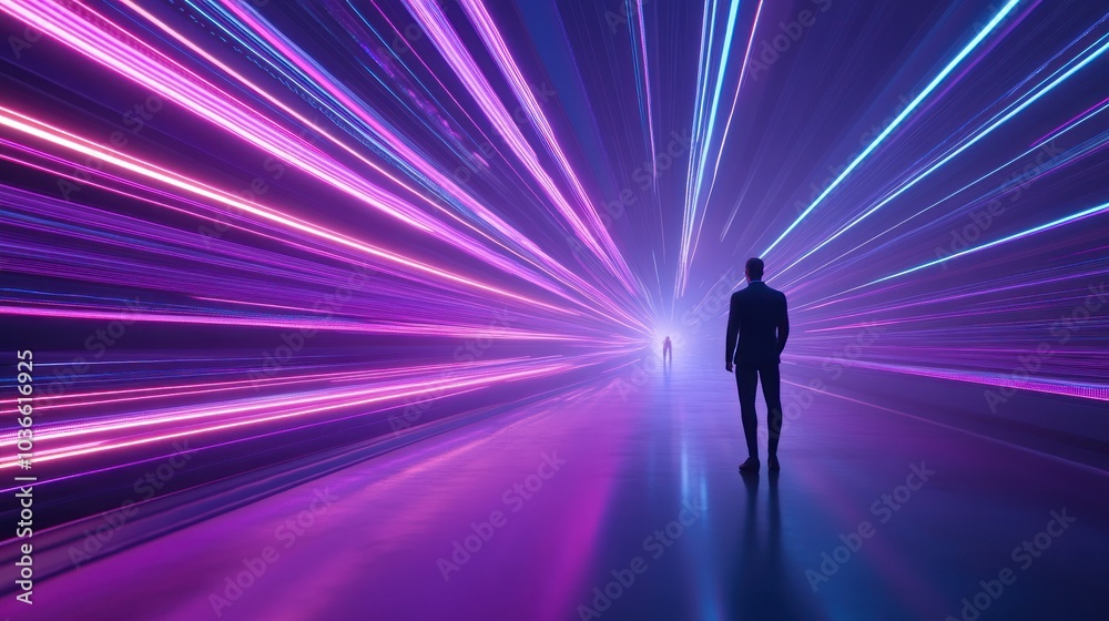 Figure stands in endless neon light convergence path Figure stands in endless neon light convergence path