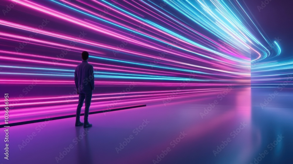 Person gazes at dynamic streams of neon light Person gazes at dynamic streams of neon light