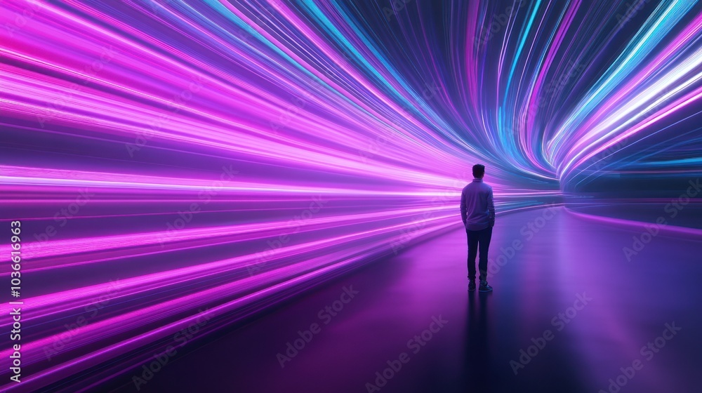 Traveler enveloped by spiraling lights and hues Traveler enveloped by spiraling lights and hues