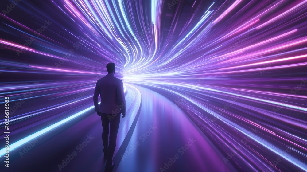 Traveler in a swirling corridor of radiant light paths Traveler in a swirling corridor of radiant light paths