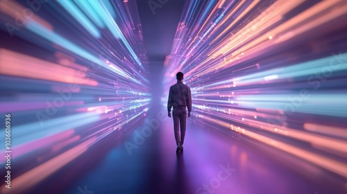 Traveler on a neon-lit path of vibrant swirling energy photo