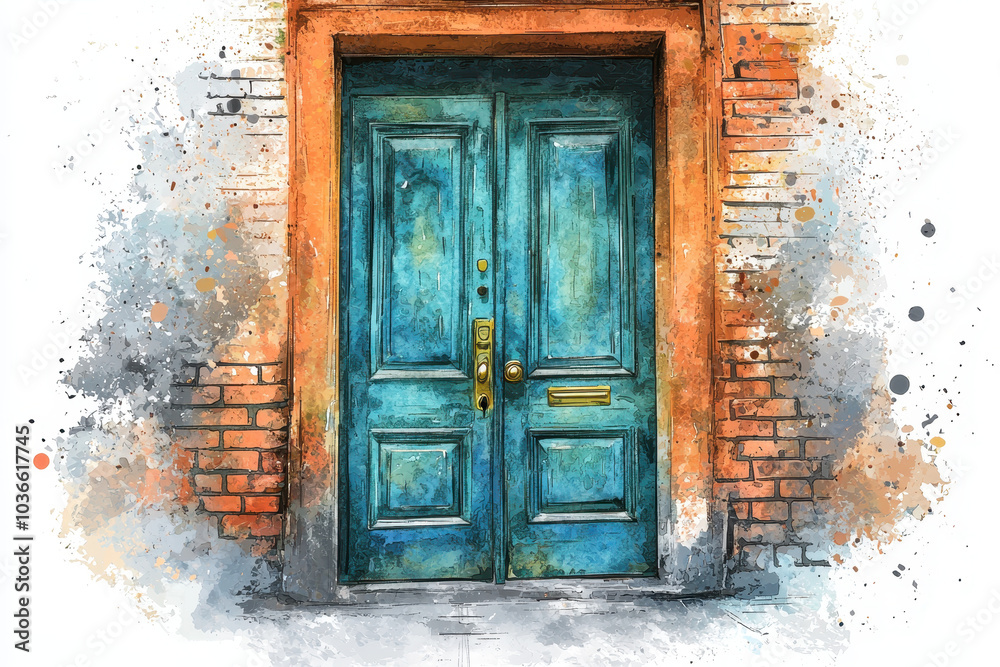 A vibrant blue door framed by a rustic orange border, set against a textured wall, combining artistic watercolors and brick elements. A vibrant blue door framed by a rustic orange border, set against a textured wall, combining artistic watercolors and brick elements.