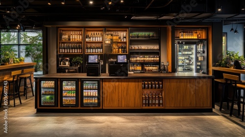 Modern bar interior with wooden counter, shelves stocked with bottles, and a POS system.