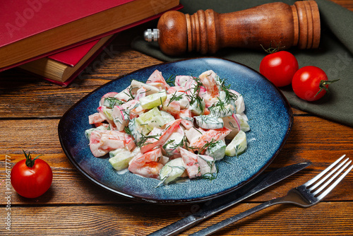 Salad of fresh vegetables tomatoes and cucumber with sour cream on a plate, cafe, restaurant, on a wooden table.