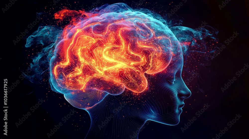 A human head with a fiery brain, symbolizing passion, creativity, and mental energy. A human head with a fiery brain, symbolizing passion, creativity, and mental energy.